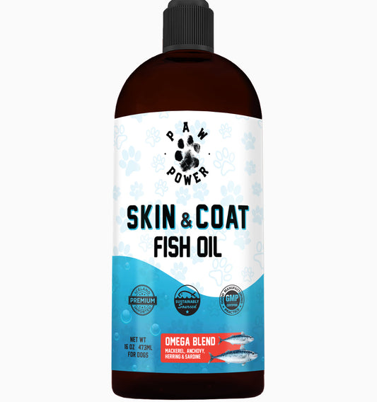 Bottle of Paw Power Skin & Coat Fish Oil on a white background