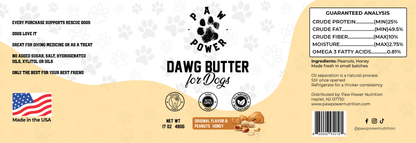 Dawg Butter Original Flavor label closeup showing two clean ingredients peanuts and honey for dog-safe treats