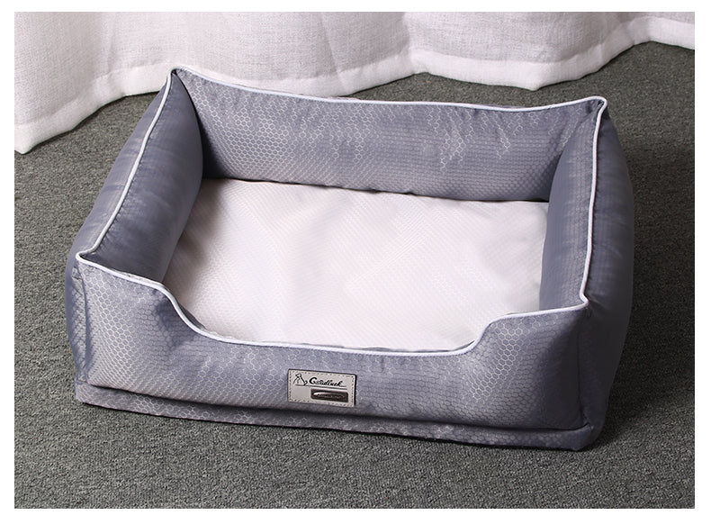 Gray textured outer bolster walls, white inner cushion, white piping trim, and a branded Pet Zen logo