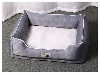 Gray textured outer bolster walls, white inner cushion, white piping trim, and a branded Pet Zen logo