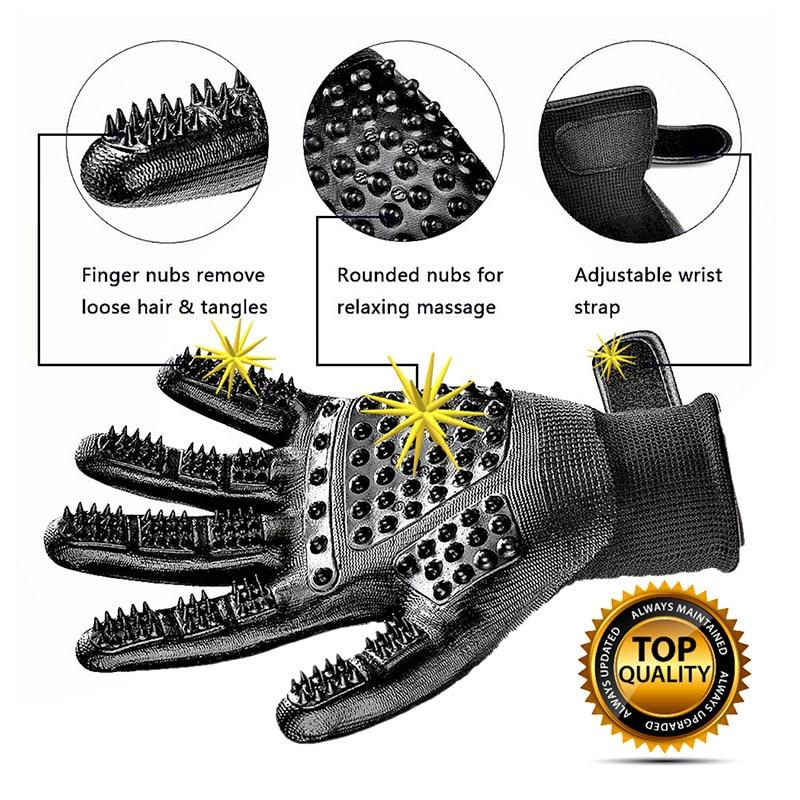 Pet Grooming Gloves: Gentle, efficient hair removal for dogs, cats & horses. Soft rubber bristles, BPA-free. Adjustable fit. Detangles, massages & bonds. Black/Blue.