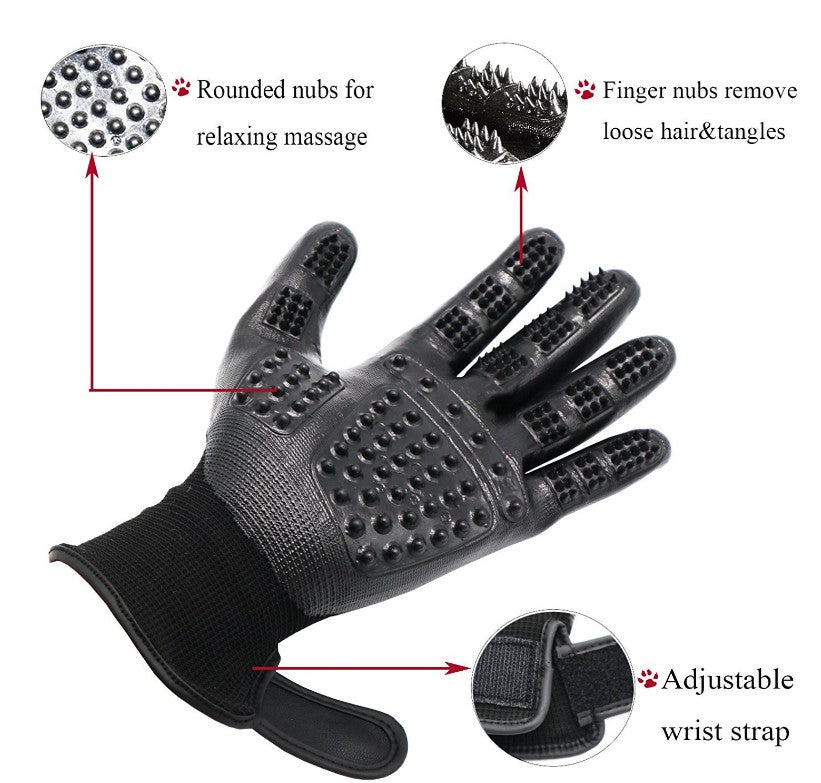 Pet Grooming Gloves: Gentle, efficient hair removal for dogs, cats & horses. Soft rubber bristles, BPA-free. Adjustable fit. Detangles, massages & bonds. Black/Blue.