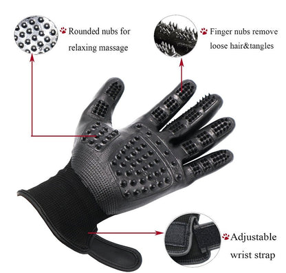 Pet Grooming Gloves: Gentle, efficient hair removal for dogs, cats & horses. Soft rubber bristles, BPA-free. Adjustable fit. Detangles, massages & bonds. Black/Blue.