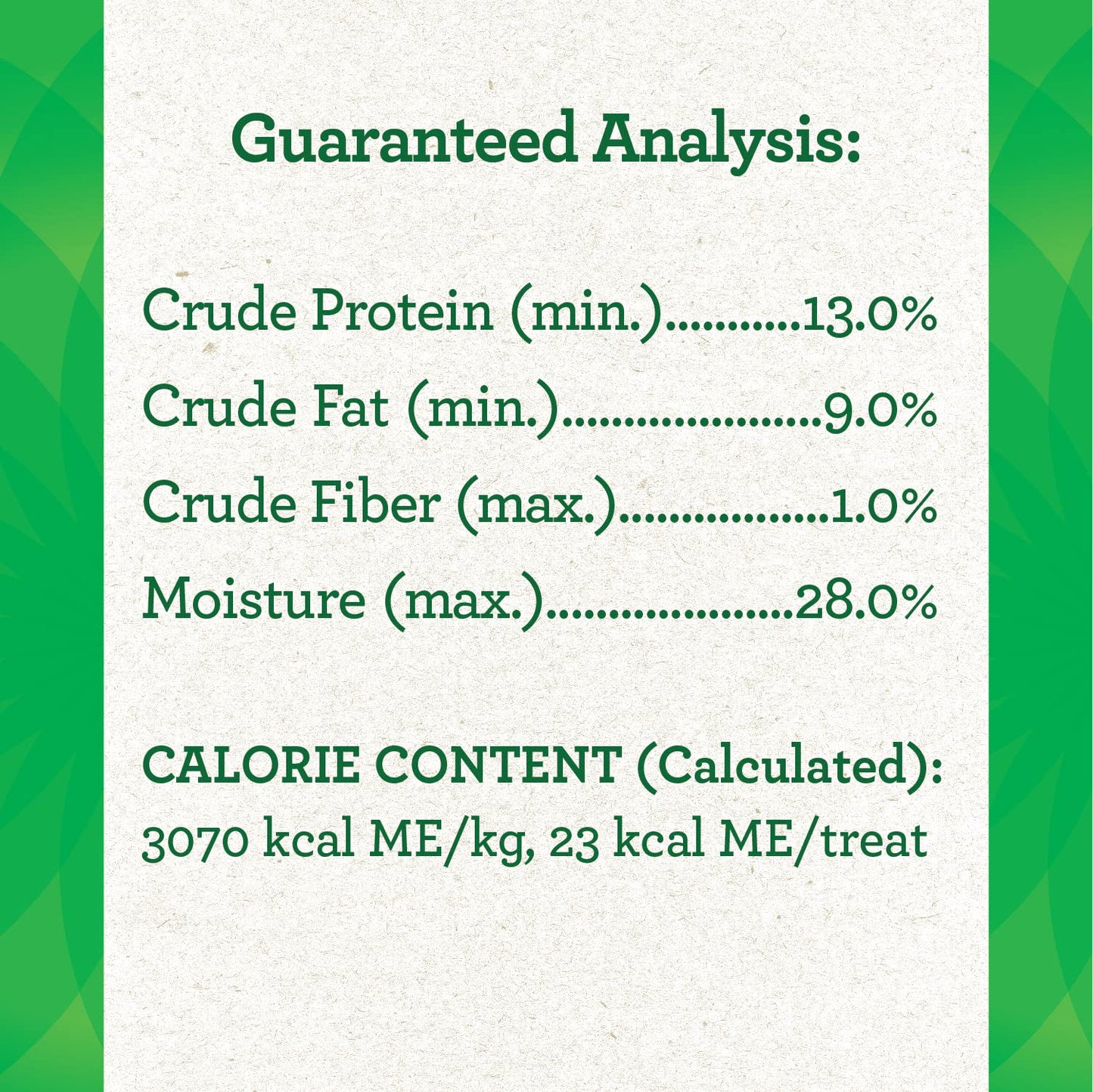 Photo of GREENIES Pill Pockets capsule-size dog treats, chicken flavor, showing nutritional analysis: 23 calories per treat and ingredient breakdown