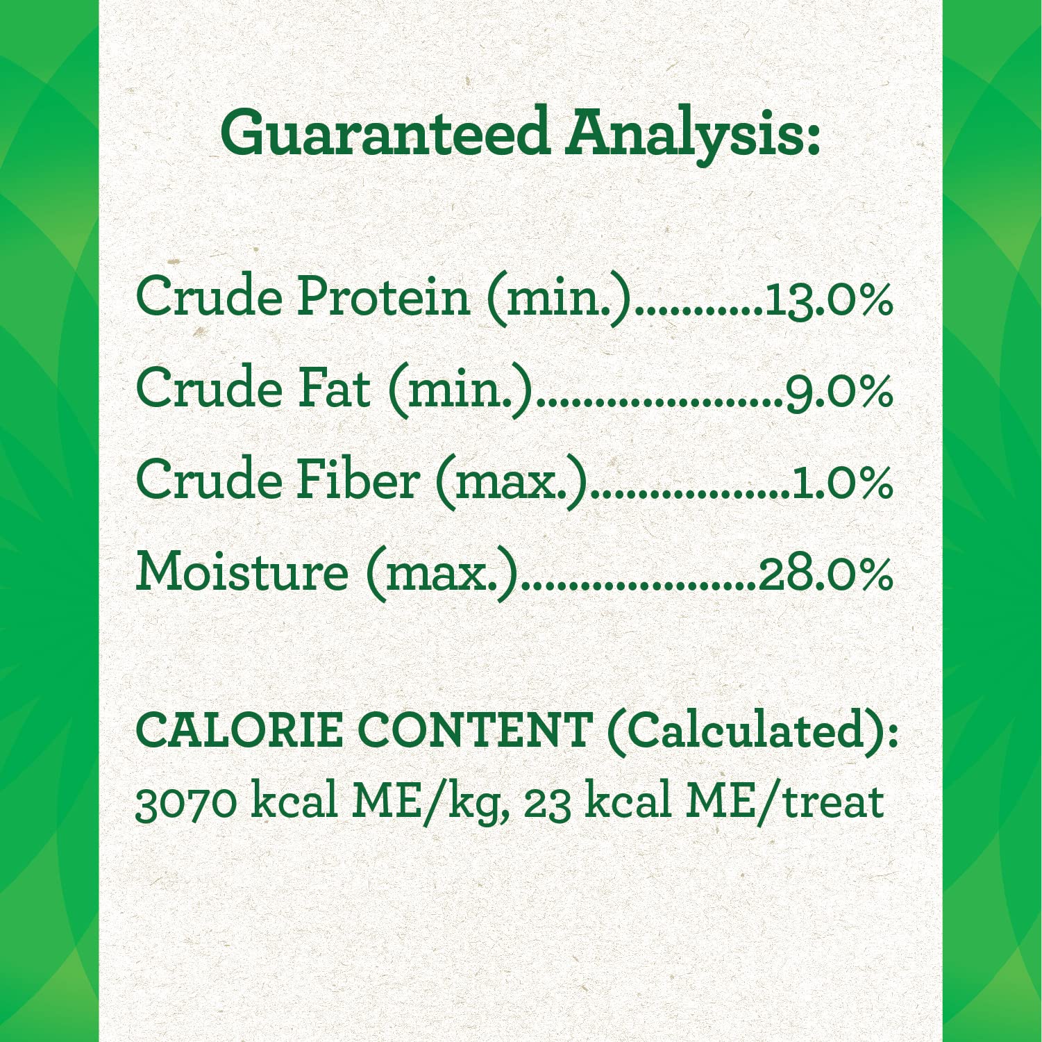 Photo of GREENIES Pill Pockets capsule-size dog treats, chicken flavor, showing nutritional analysis: 23 calories per treat and ingredient breakdown