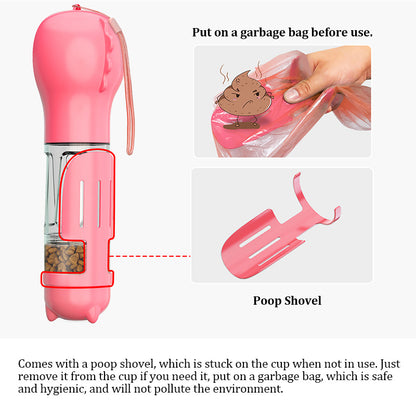 Pink 4-in-1 Dog Travel Mug: Water Bottle, Feeder, Poop Scoop & Bag Dispenser