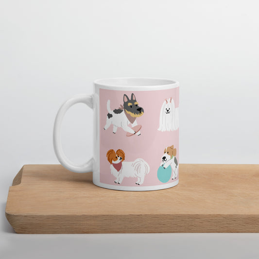  This charming mug features an adorable cartoon pups on a vibrant pink background. 