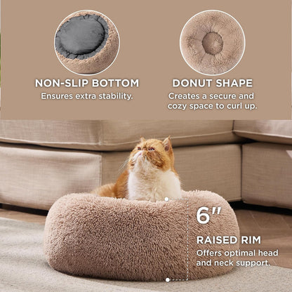 Experience unparalleled comfort for your furry friend with our Plus Donut Calming Pet Bed. This plush donut-shaped bed is 20% softer than competitors, featuring high-quality faux shag fur that creates a warm, calming environment. The raised rim design provides optimal head and neck support, while premium ultra-soft filling offers joint and muscle pain relief. OEKO-TEX certified for safety, this versatile bed comes in various sizes, with the XS (20”x20”) fitting pets up to 15 lbs. 