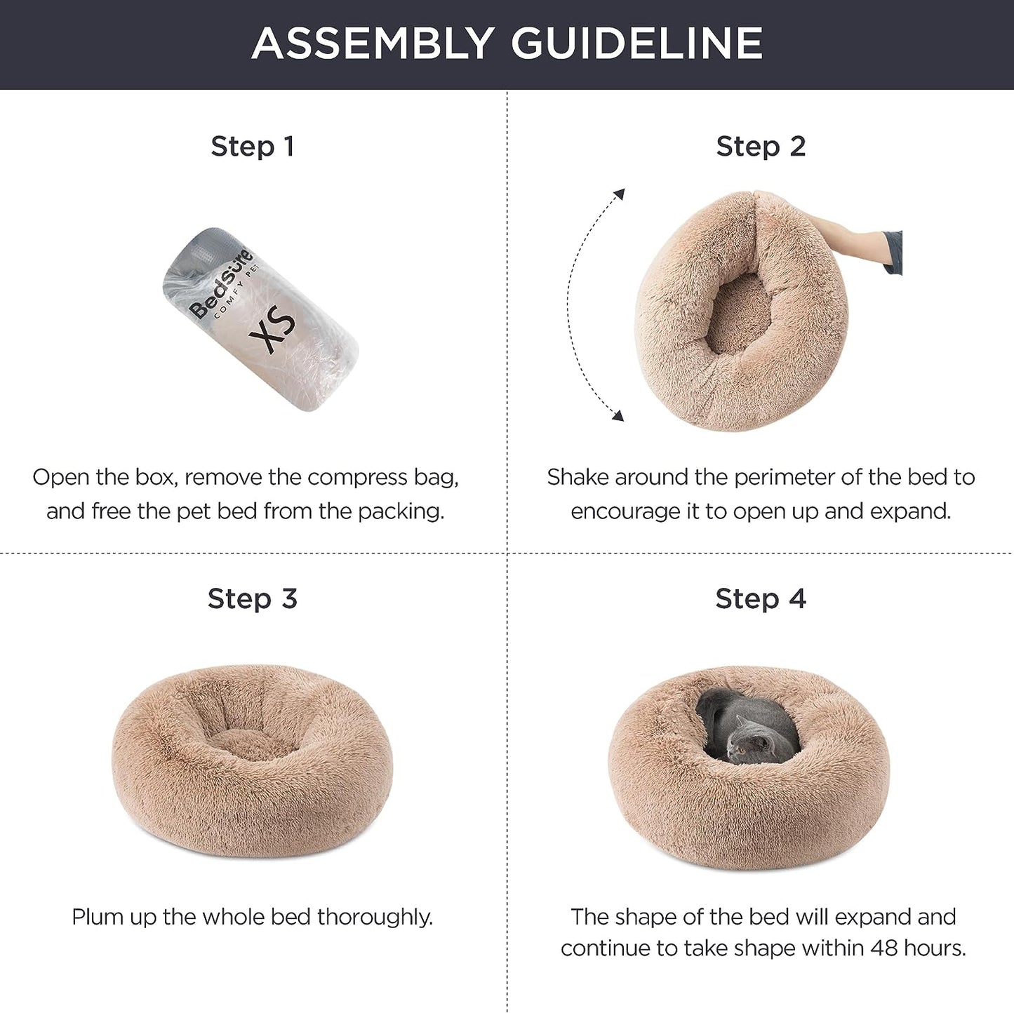 Experience unparalleled comfort for your furry friend with our Plus Donut Calming Pet Bed. This plush donut-shaped bed is 20% softer than competitors, featuring high-quality faux shag fur that creates a warm, calming environment. The raised rim design provides optimal head and neck support, while premium ultra-soft filling offers joint and muscle pain relief. OEKO-TEX certified for safety, this versatile bed comes in various sizes, with the XS (20”x20”) fitting pets up to 15 lbs. 