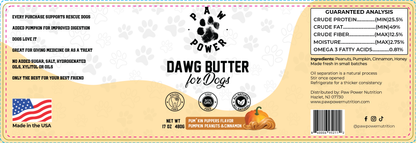 Dawg Butter Pum'kin Puppers label closeup showing pumpkin cinnamon honey ingredients for dog digestive health