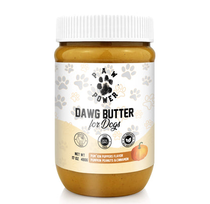 Dawg Butter Pum'kin Puppers pumpkin peanut butter jar for dogs on white background