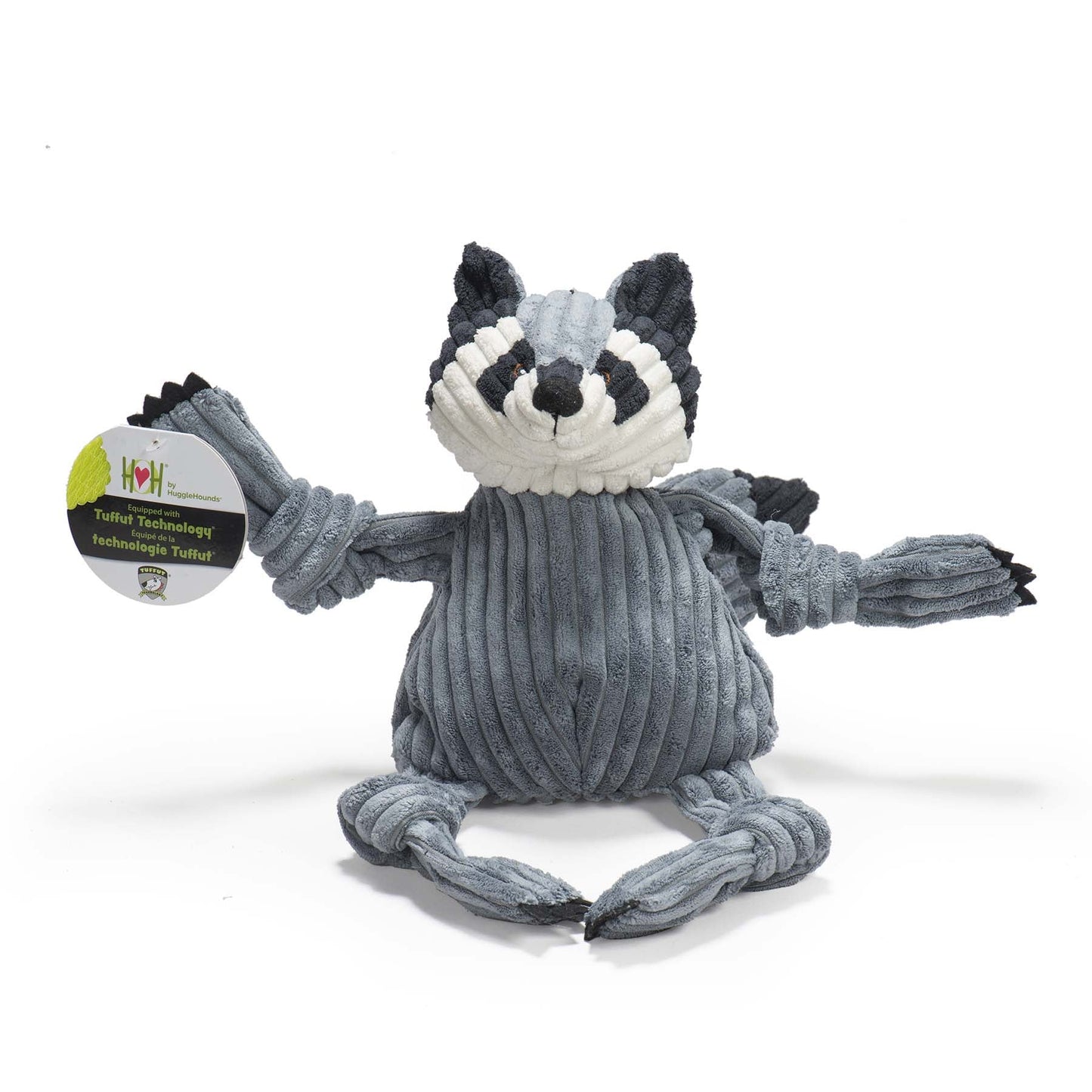 Reggie Raccoon Knottie dog toy front view – knotted flexible construction by HuggleHounds