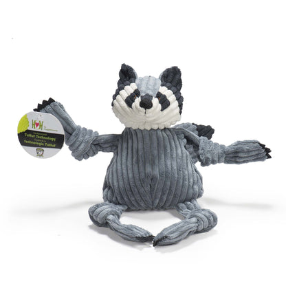 Reggie Raccoon Knottie dog toy front view – knotted flexible construction by HuggleHounds
