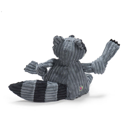 Reggie Raccoon Knottie side view – HuggleFleece exterior and multiple squeakers