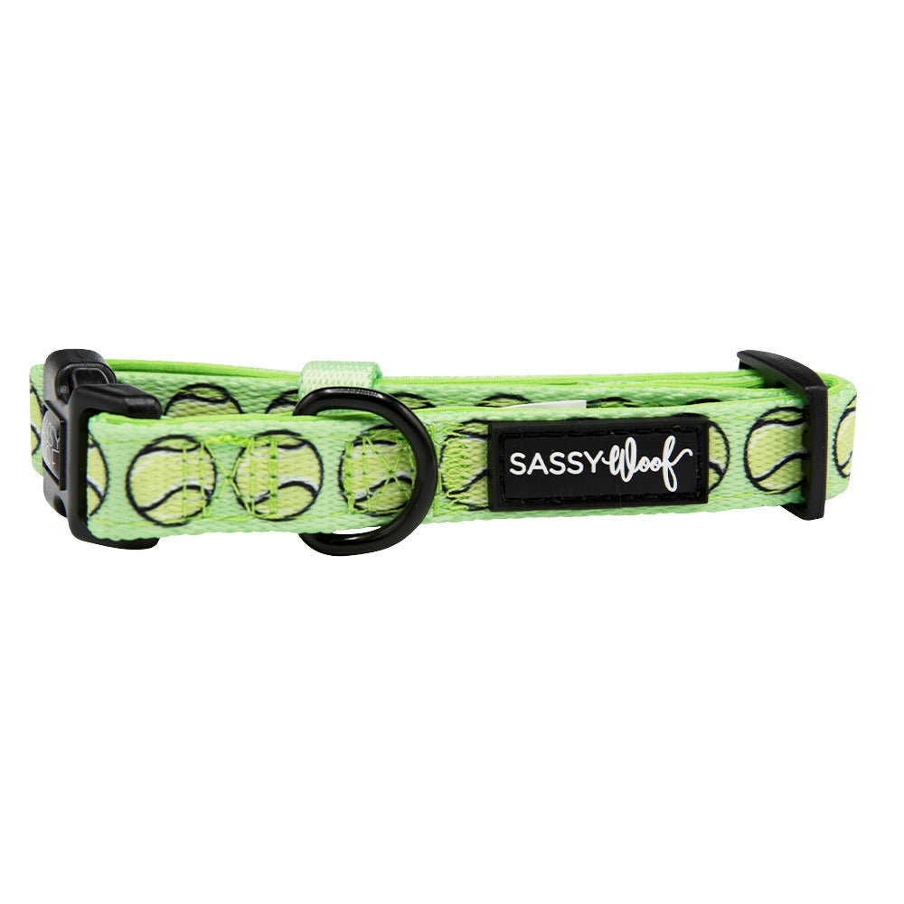 Reversible tennis dog collar by Sassy Woof with playful design, made for stylish and comfortable pet wear.