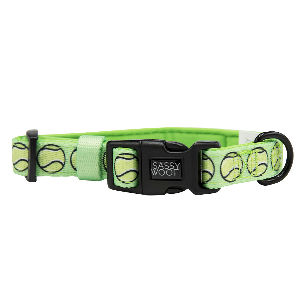 Reversible tennis dog collar by Sassy Woof featuring a playful design, perfect for stylish pets.
