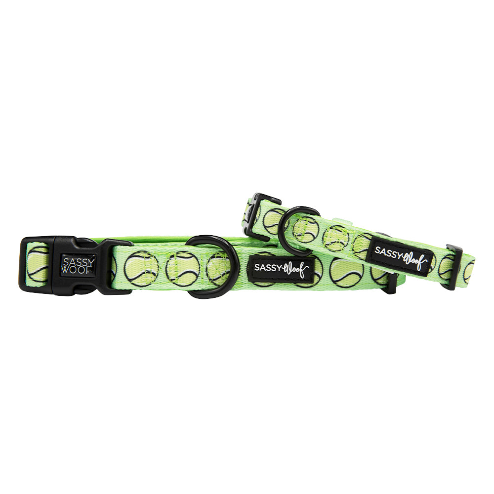 Reversible tennis dog collar from Sassy Woof with a stylish design, adjustable for a comfortable fit on pets.
