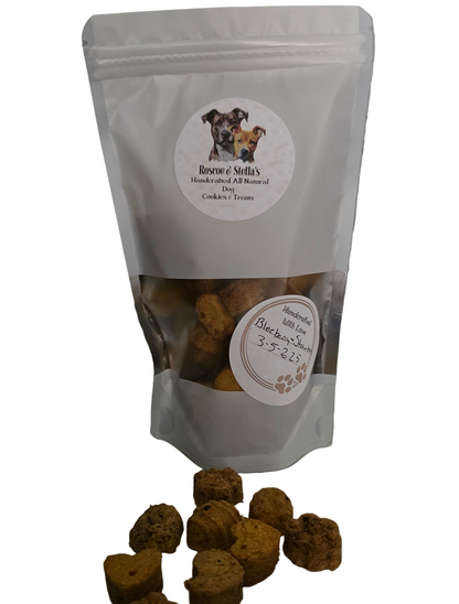 Bag of Roscoe and Stellas Handmade All Natural Dog Treats with visible treats on a surface