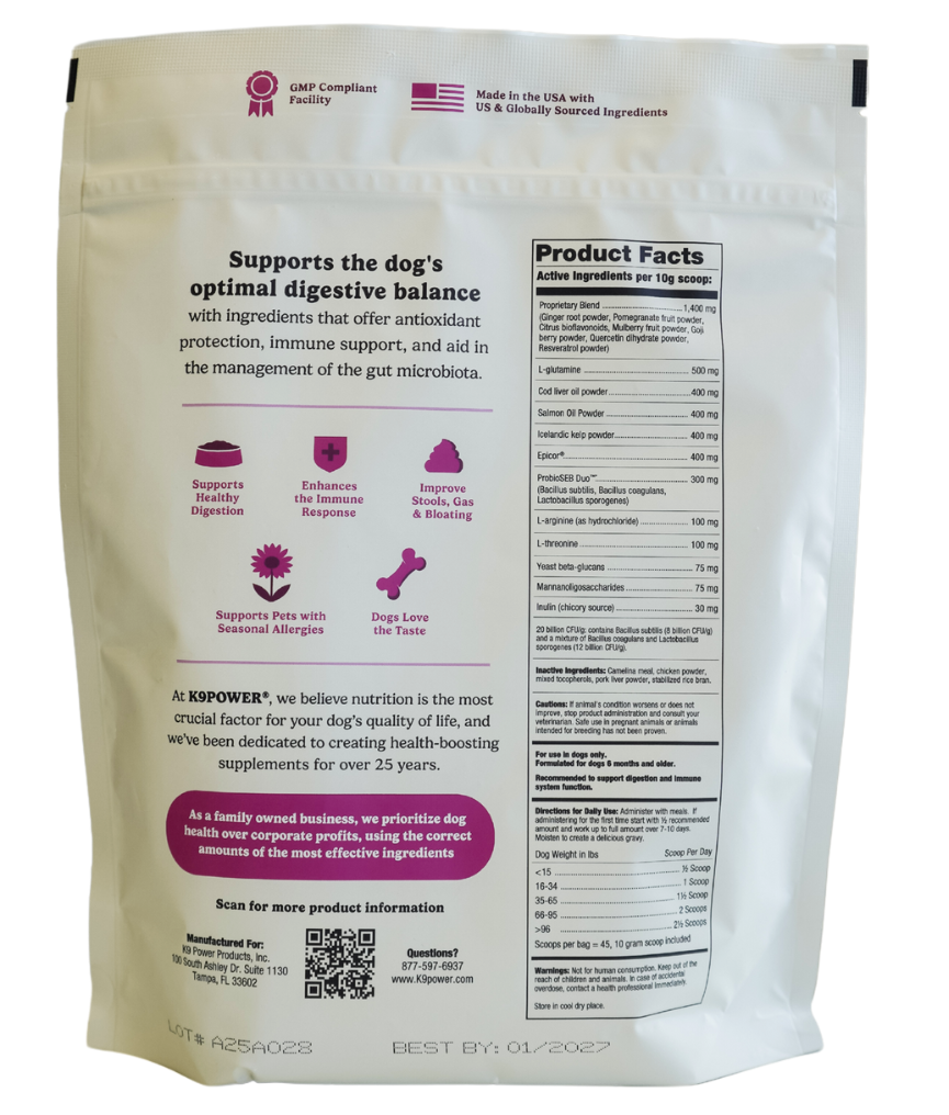 K9 Power Digest Forte supplement facts panel showing gut health ingredients for dogs