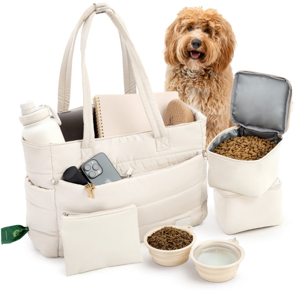 Puffer Dog Mom Travel Tote – 9 Pockets, Built-In Dog Bowls, Wipeable | Rubyloo