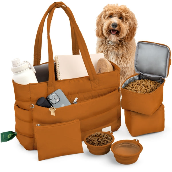 Puffer Dog Mom Travel Tote – 9 Pockets, Built-In Dog Bowls, Wipeable | Rubyloo