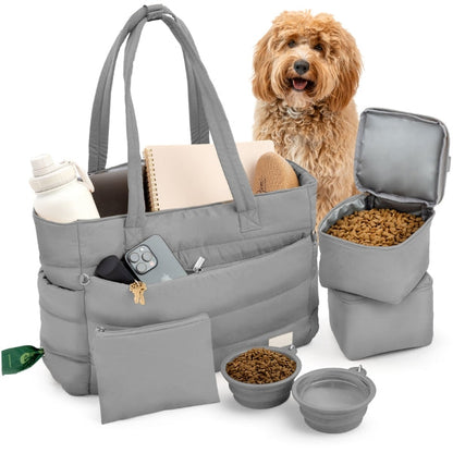 Puffer Dog Mom Travel Tote – 9 Pockets, Built-In Dog Bowls, Wipeable | Rubyloo