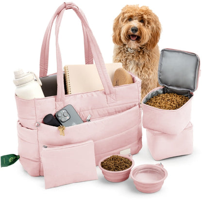Puffer Dog Mom Travel Tote – 9 Pockets, Built-In Dog Bowls, Wipeable | Rubyloo