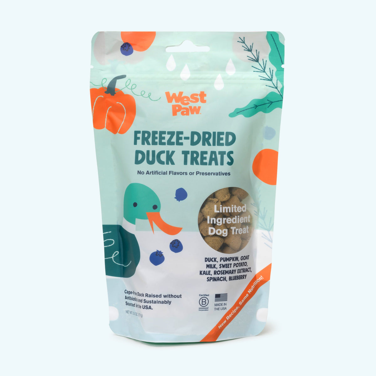 West Paw Duck with Superfood Freeze-Dried Raw Dog Treats – 2.5oz Front Packaging