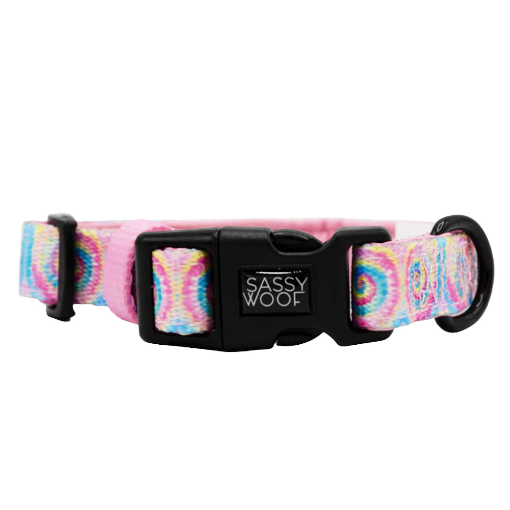 Colorful tie-dye dog collar from Sassy Woof with "Good Vibes" design, adjustable pet collar for dogs.