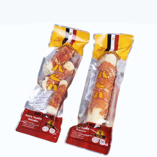 Protein-packed chicken wrap dog dental bone. Cleans teeth, reduces plaque, massages gums. Nutrient-rich, dual-textured chew for all breeds. Long-lasting enjoyment and oral health.