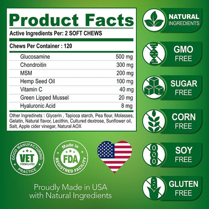 Ultimate Joint Relief: 120 chicken-flavored chews with glucosamine, chondroitin and hemp oil. Improves mobility for all dogs. Reduces inflammation, boosts flexibility. Long-lasting support.