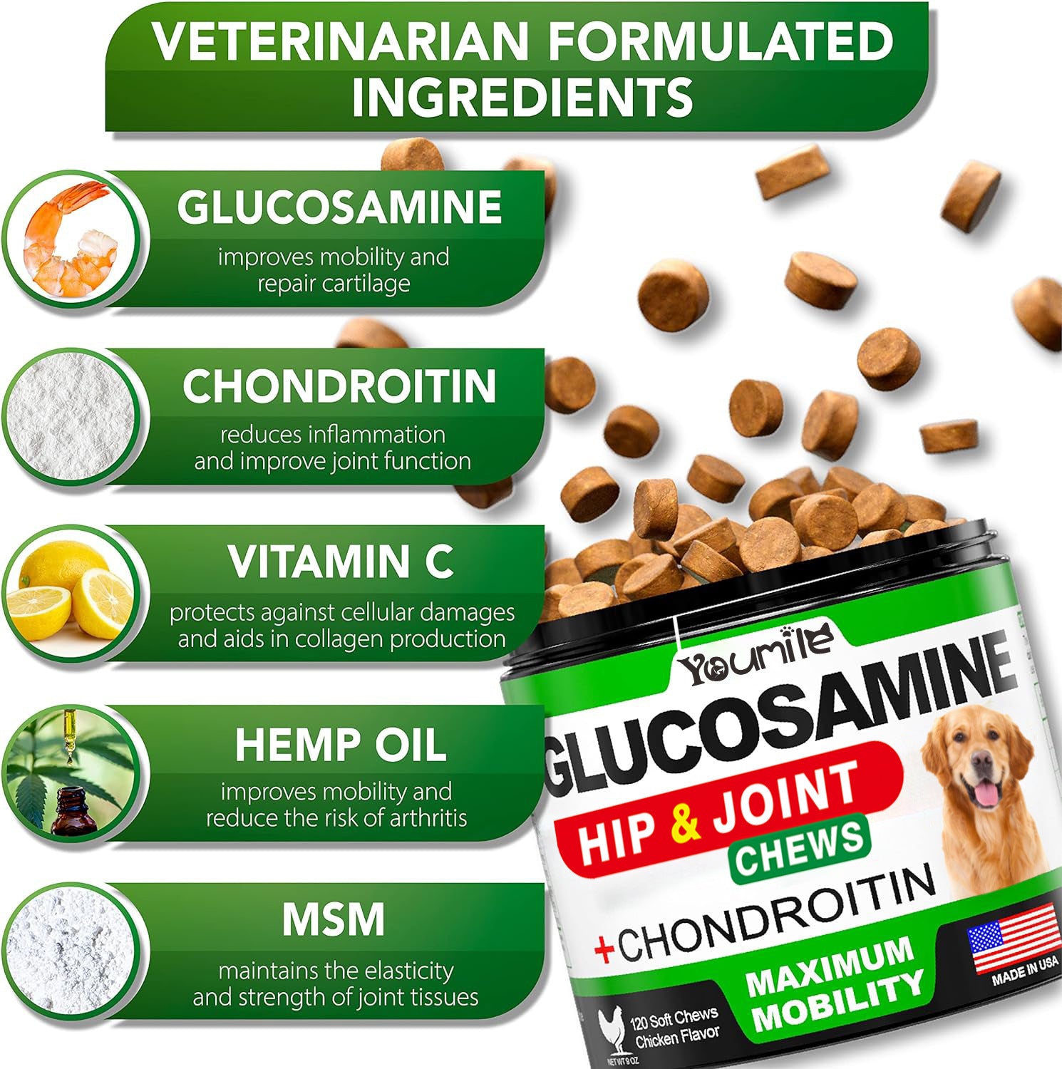 Ultimate Joint Relief: 120 chicken-flavored chews with glucosamine, chondroitin and hemp oil. Improves mobility for all dogs. Reduces inflammation, boosts flexibility. Long-lasting support.