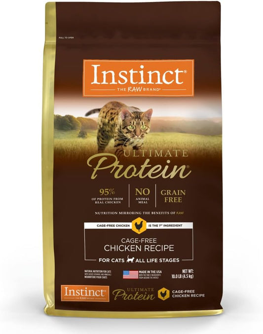 Instinct Ultimate Protein Grain-Free Cage-Free Chicken Dry Cat Food offers 95% protein from real chicken, unmatched digestibility, raw-coated kibble, and no grains or artificial additives. It includes probiotics, omegas, and antioxidants for digestive, skin, coat, and immune health.