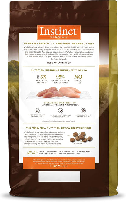Instinct Ultimate Protein Grain-Free Cage-Free Chicken Dry Cat Food offers 95% protein from real chicken, unmatched digestibility, raw-coated kibble, and no grains or artificial additives. It includes probiotics, omegas, and antioxidants for digestive, skin, coat, and immune health.