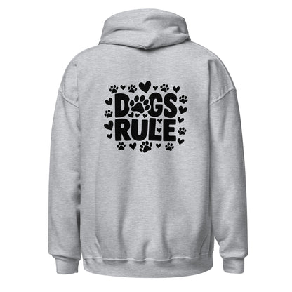 Cozy unisex military green hoodie for canine enthusiasts. Dogs Rule, proclaims your love for furry friends. Soft, warm fabric perfect for dog walks or lounging.