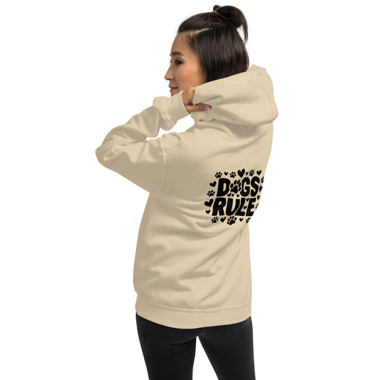 Cozy unisex hoodie for canine enthusiasts. Dogs Rule, proclaims your love for furry friends. Soft, warm fabric perfect for dog walks or lounging.