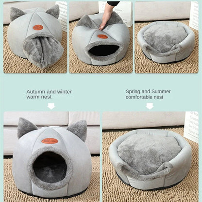 Cozy 2-in-1 Pet Home with Ears – Soft Plush Cat & Dog Bed, Removable Nest for All Seasons