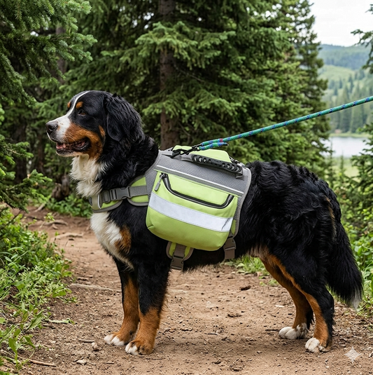 Bernese Mountain Dog wearing yellow waterproof hiking backpack on trail at Radnor Lake State Park Nashville Tennessee