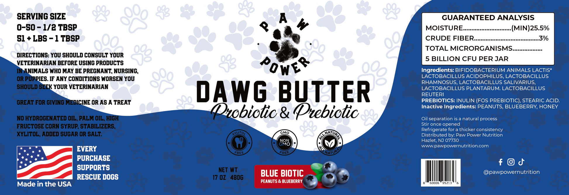 Dawg Butter Blue Biotic label showing xylitol-free probiotic peanut butter for dog gut health