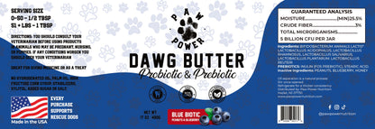 Dawg Butter Blue Biotic label showing xylitol-free probiotic peanut butter for dog gut health