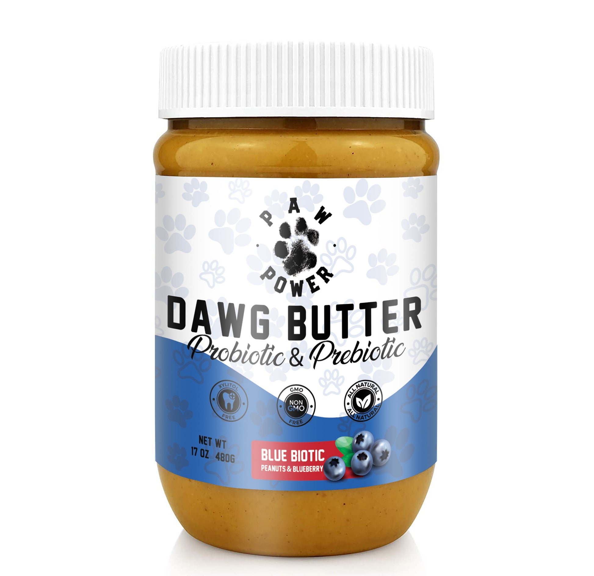 Dawg Butter Blue Biotic probiotic blueberry peanut butter jar for dogs on white background