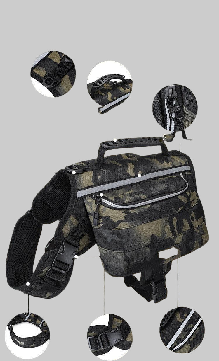 Gear up for adventure with our comfortable and reliable dog hiking backpack! This durable and waterproof design features a stylish camauflage color and is built for convenience with multiple pockets for essentials and breathable mesh to keep your furry friend cool on the trail. Perfect for hiking, camping, or travel, and with a reflective design for added visibility and safety, it’s the ideal companion for any outdoor excursion. Available in sizes for small and large breeds.