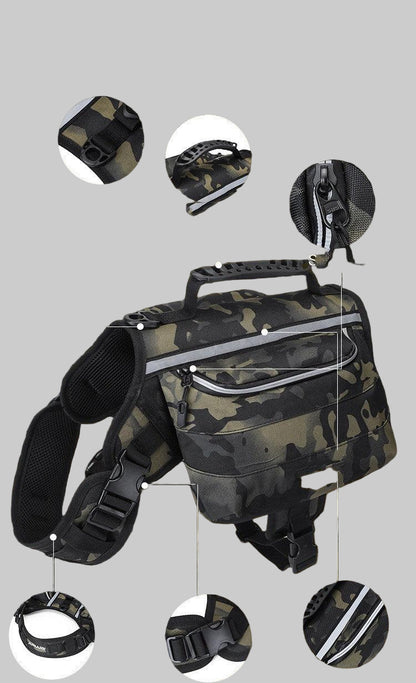Gear up for adventure with our comfortable and reliable dog hiking backpack! This durable and waterproof design features a stylish camauflage color and is built for convenience with multiple pockets for essentials and breathable mesh to keep your furry friend cool on the trail. Perfect for hiking, camping, or travel, and with a reflective design for added visibility and safety, it’s the ideal companion for any outdoor excursion. Available in sizes for small and large breeds.