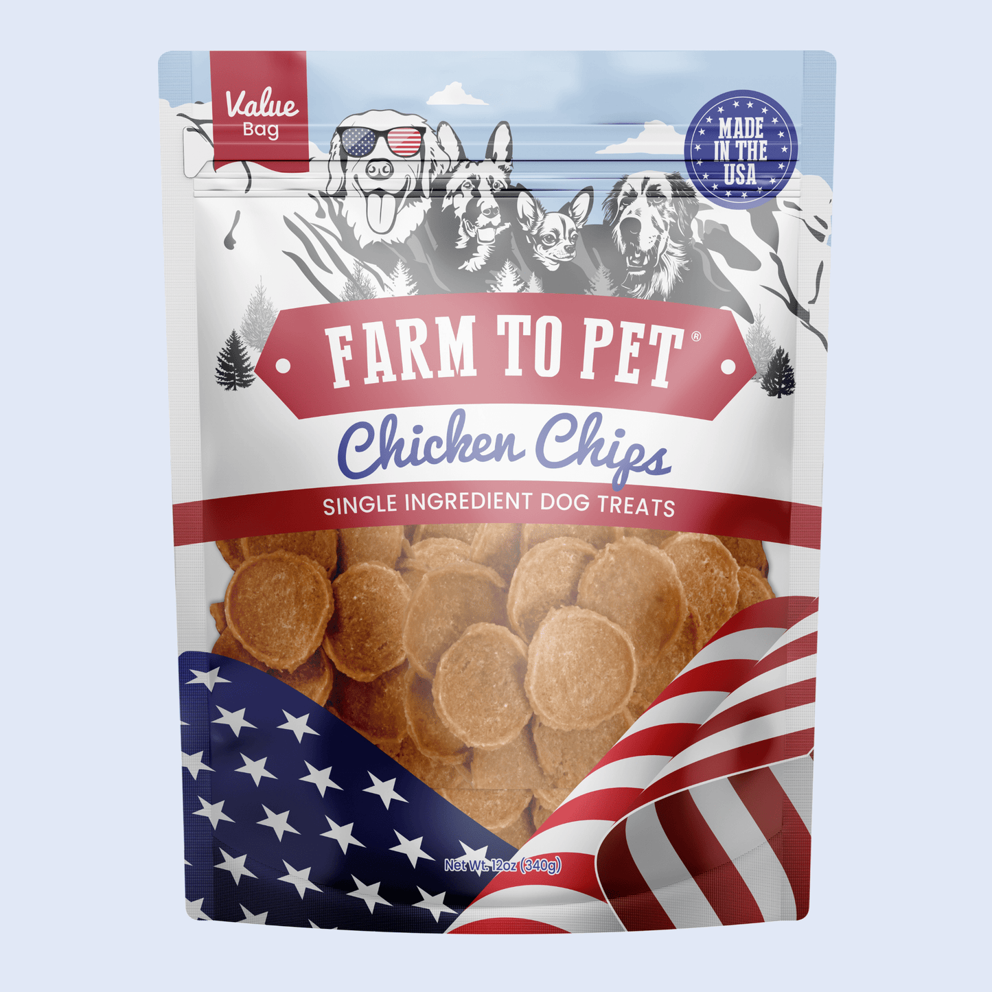 Chicken chips for dogs 12oz value bag USA-made single-ingredient front bag