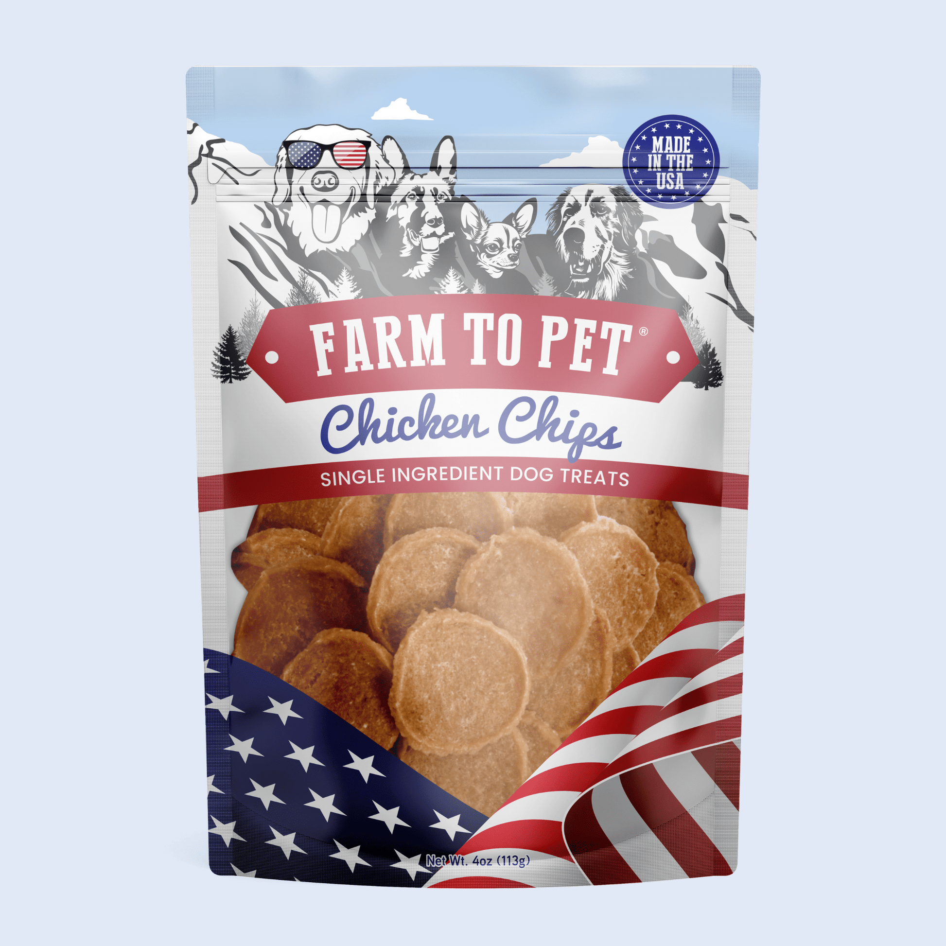 Chicken chips for dogs 4oz cage-free USA-made single-ingredient front bag