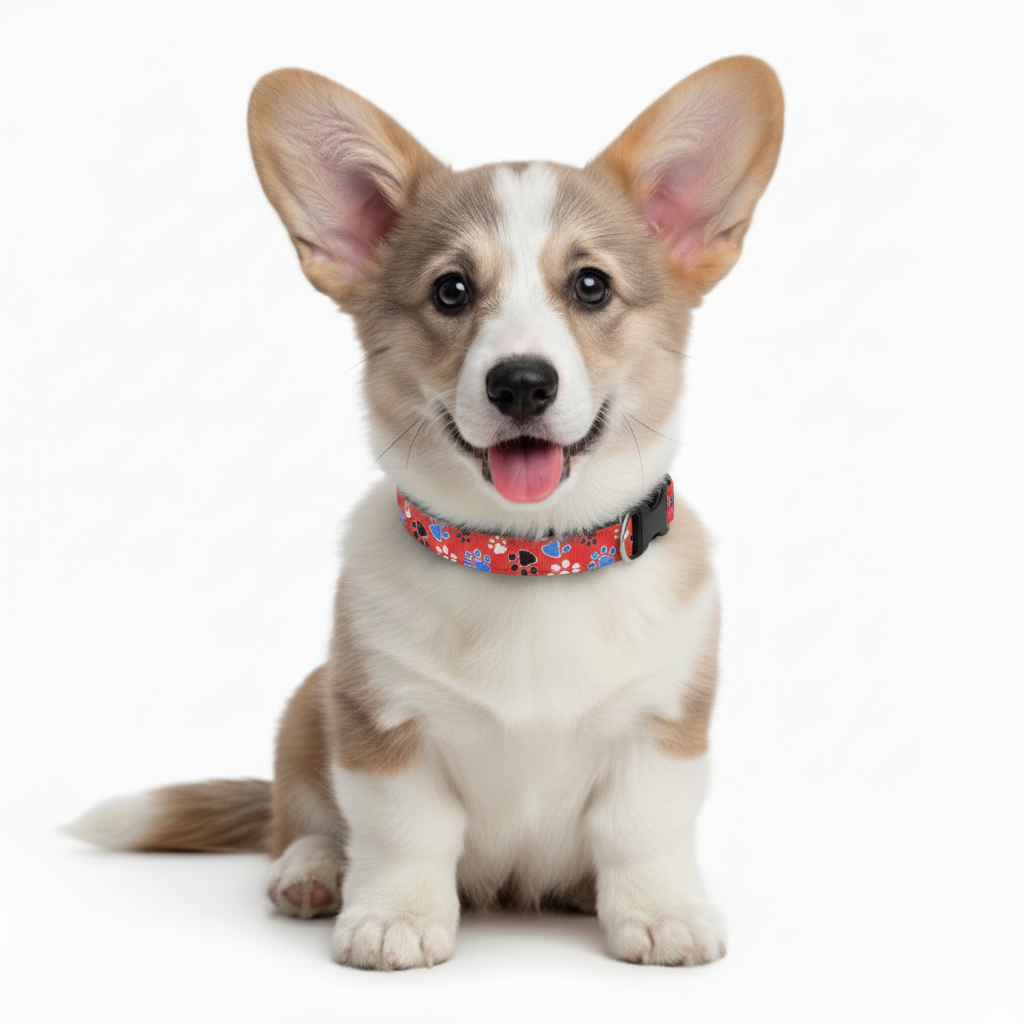 Cute corgi puppy modeling a red adjustable paw print dog collar.