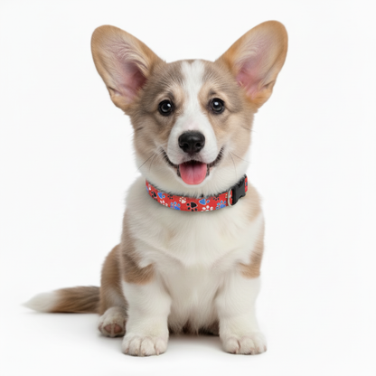 Cute corgi puppy modeling a red adjustable paw print dog collar.