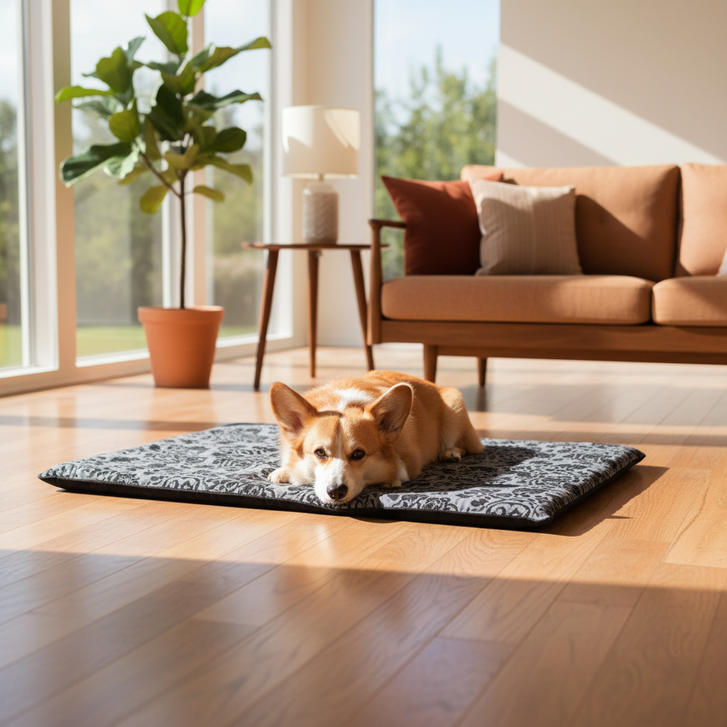 Pembroke Welsh Corgi lying on Paws & Pockets grey floral non-electric self-heating thermal warming pad on hardwood floor in sunny mid-century modern living room