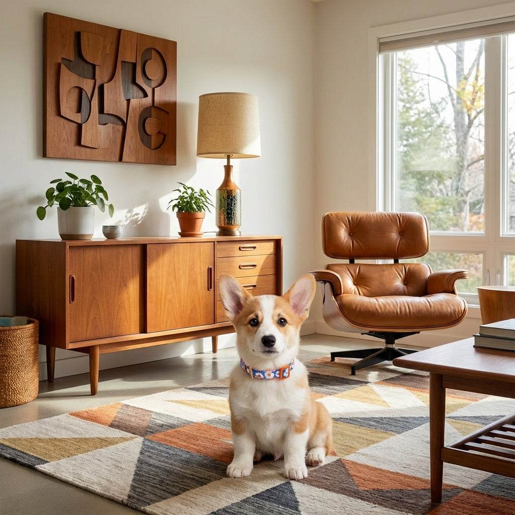 Corgi puppy in daisy print Martingale collar sitting in a mid-century modern sunlit living room with teak furniture.