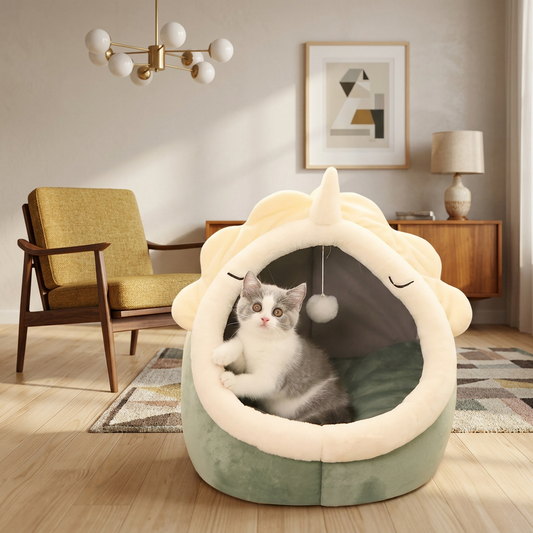 Paws & Pockets green dinosaur cat cave bed with hanging toy ball, cozy interior for cats and small dogs up to 15 lbs